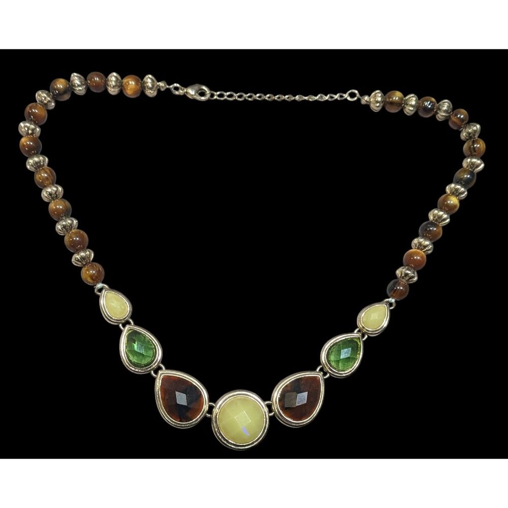 Vintage Brown And Green Gemmed Necklace With Brown And Silver Tone Beads